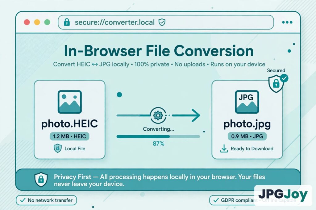 What is HEIC conversion: a HEIC photo converting to JPG in a secure browser window with no uploads