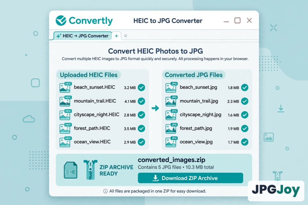 Converting HEIC photos to JPG in the JPGJoy browser tool with batch ZIP download