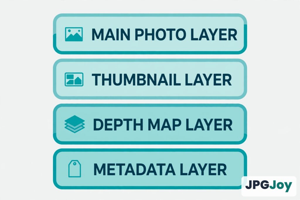 What is HEIC: diagram of the layers inside a HEIC file container, photo, thumbnail, depth map, metadata